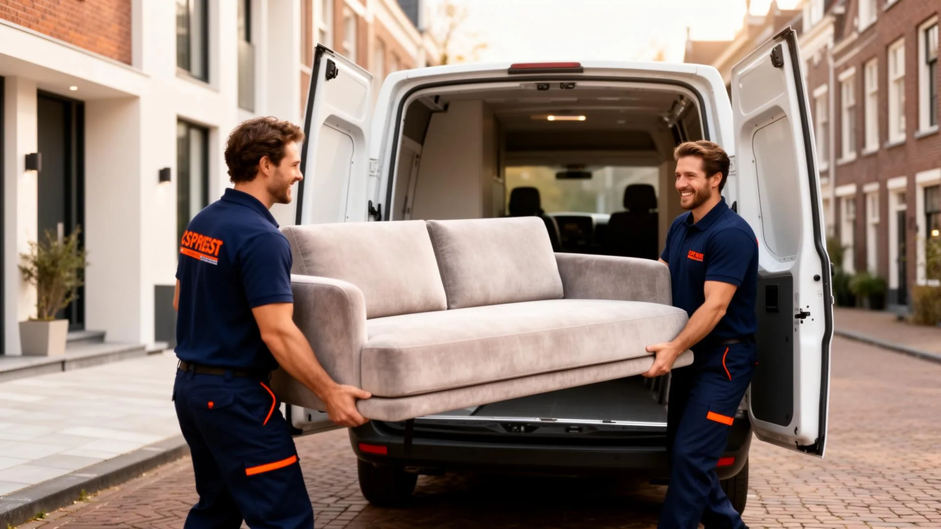 Meubelkoeriers laden een designbank in een witte bestelbus voor een Nederlandse woning
